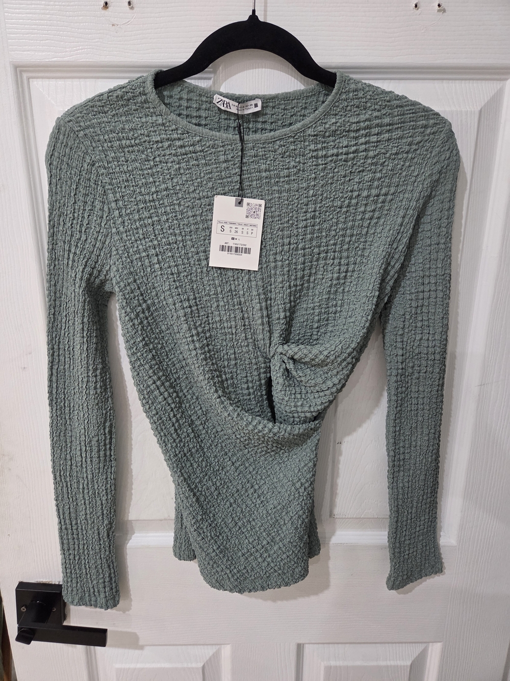 Zara Mint Sage Textured Twist-Front Long Sleeve Top Size Small
